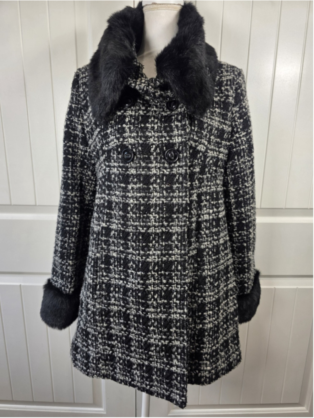 NWT Apt 9 Wool Blend Tweed Coat M Faux Fur Lurex Plaid Double Breasted City $220